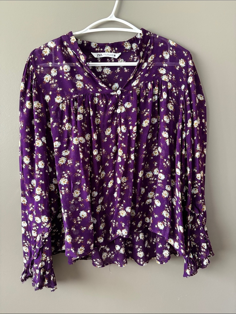 Zara Purple Floral Button-Front Ruffle Hem Blouse